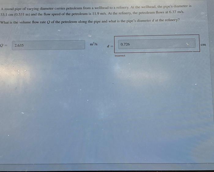 A round pipe of varying diameter carries petroleum